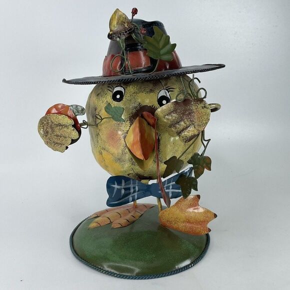 Thanksgiving Fall Turkey Chick Wearing Pilgrim Hat Metal Art Bobblehead Decor - Picture 1 of 11